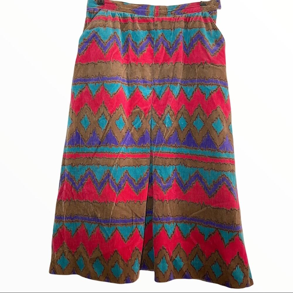 Vintage 80s Pykettes Skirt Corduroy 100% Cotton Aztec South Western 8 Medium